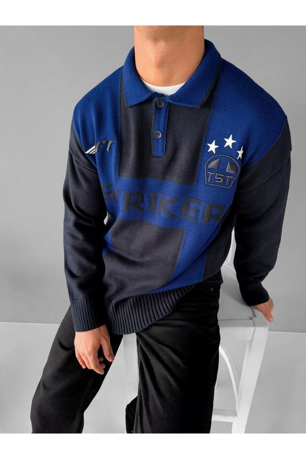 Men's polo collar comfortable fit embroidered sweater navy blue parliament