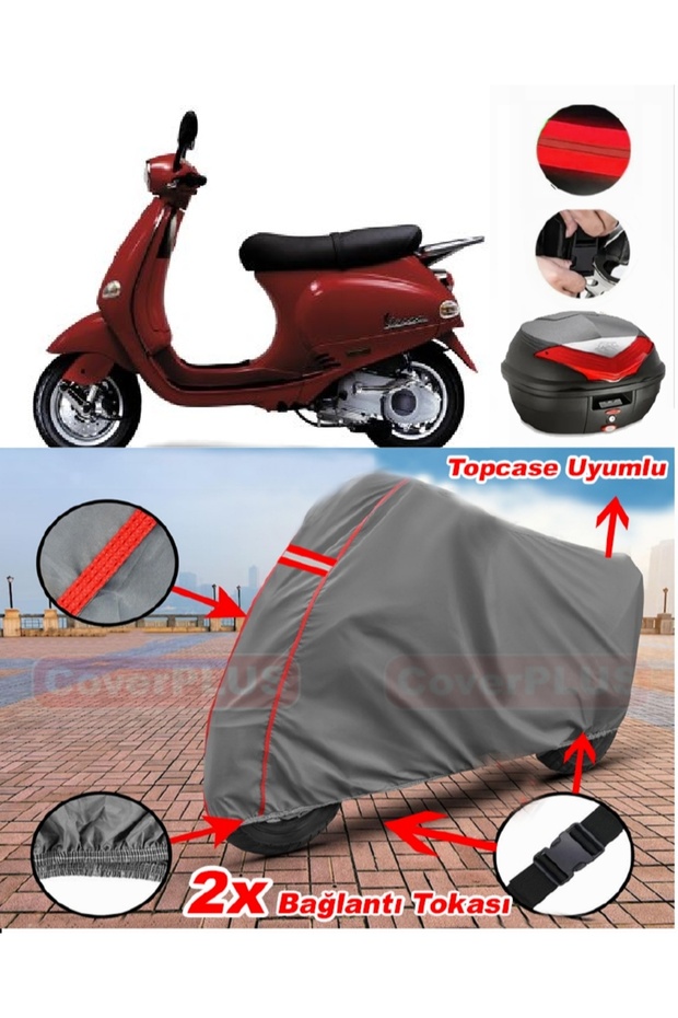 Vespa Et 4 Rear Bag Compatible Motor Tarpaulin Motorcycle Tarpaulin Red Stitched Gray