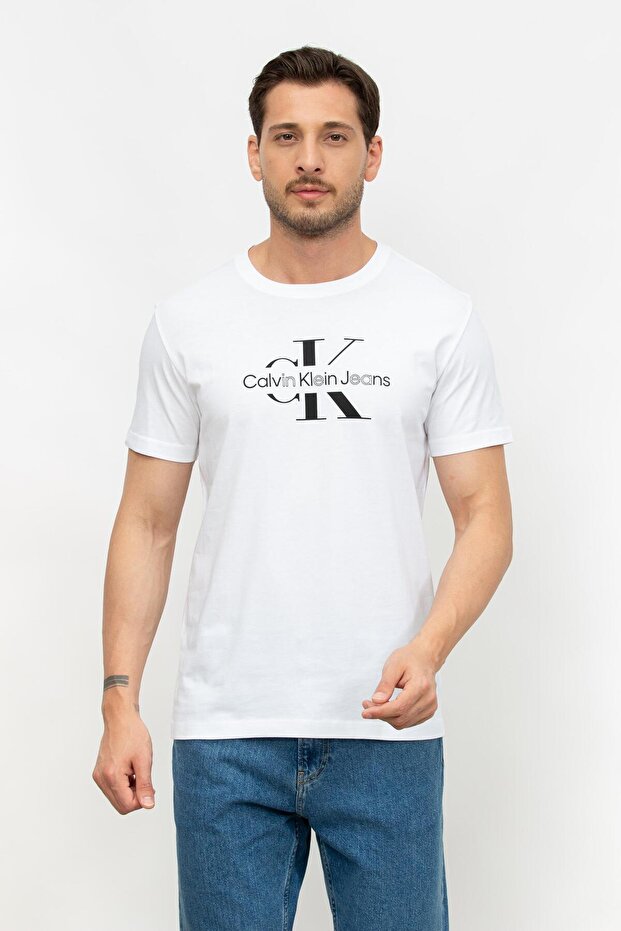 Disrupted Outline Monologo Erkek Bisiklet Yaka T-Shirt Beyaz - 1