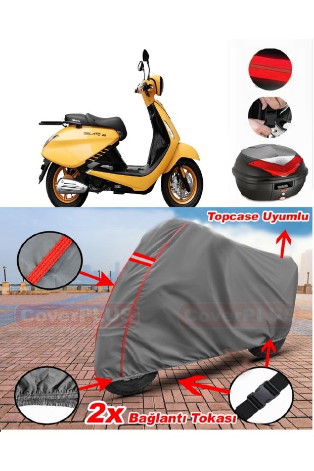 Yuki Gelato 125 Rear Bag Compatible Motor Tarpaulin Motorcycle Tarpaulin Red Stitched Gray