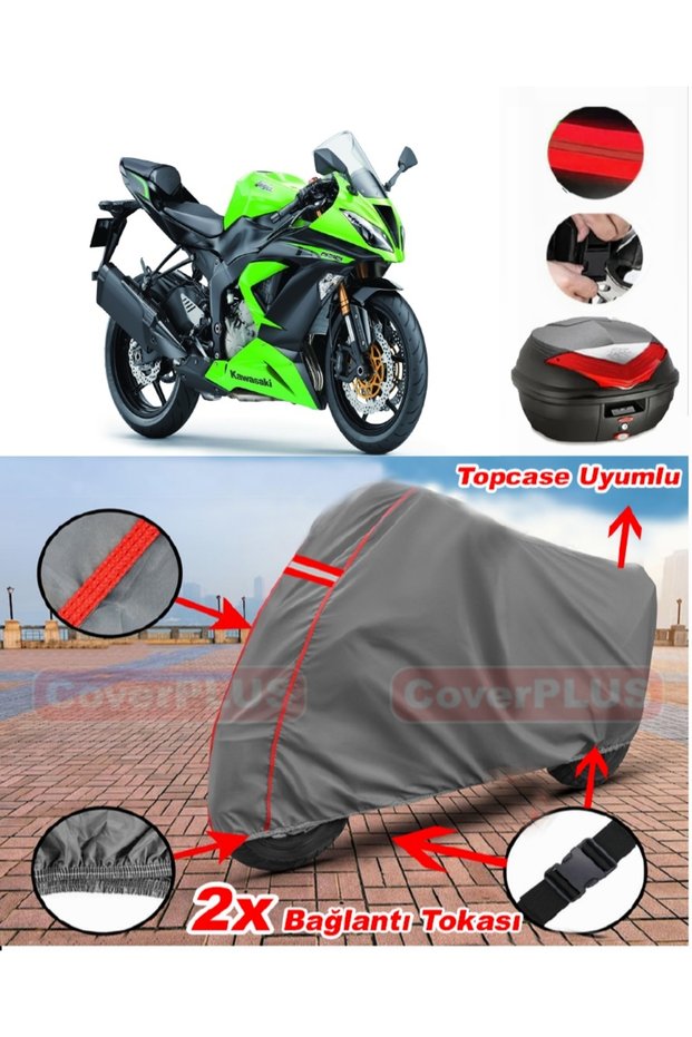 Kawasaki Ninja Zx-6R Rear Bag Compatible Motor Tarpaulin Motorcycle Tarpaulin Red Stitched Gray