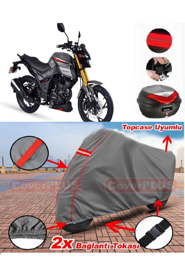 Arora Mt 125 Rear Bag Compatible Motor Tarpaulin Motorcycle Tarpaulin Red Stitched Gray