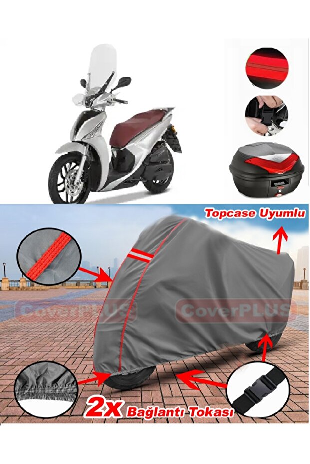 Kymco People S 200 Rear Bag Compatible Motor Tarpaulin Motorcycle Tarpaulin Gray with Red Stitching