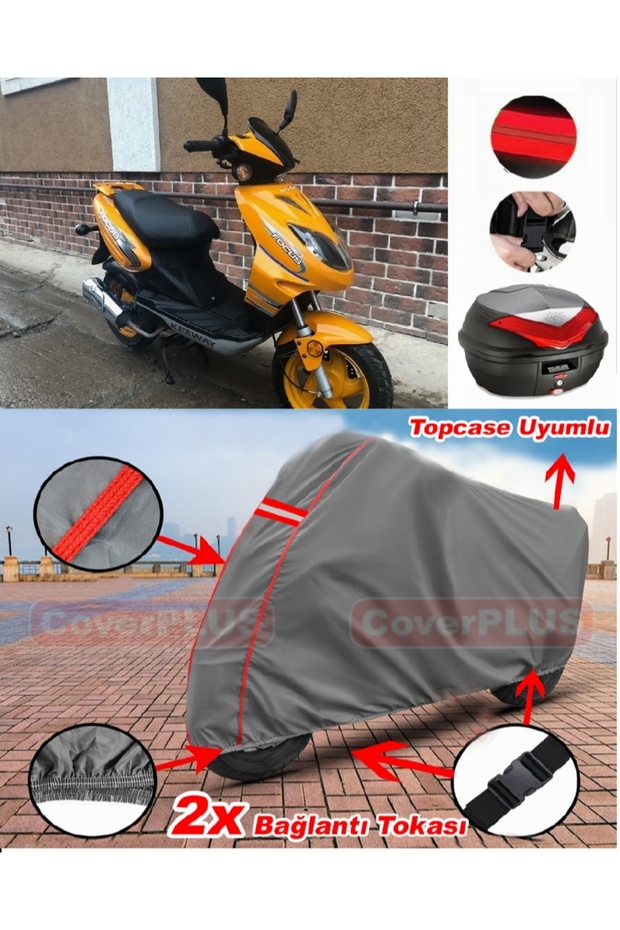 Keeway Focus 150 Topcase Compatible Motor Tarpaulin Motorcycle Tarpaulin Red Stitched Gray