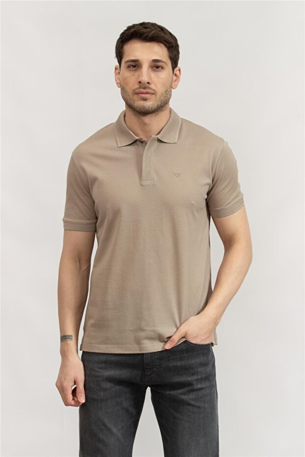 Men's Regular Fit Eagle Embroidered 100% Cotton Short Sleeve Beige Polo Neck T-Shirt
