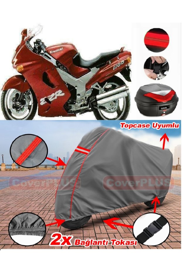 Kawasaki Zzr 1100 Rear Bag Compatible Motor Tarpaulin Motorcycle Tarpaulin Red Stitched Gray
