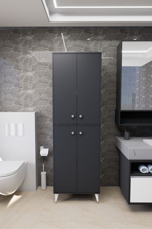 Furex 6 Raflı 4 Kapaklı Çok Amaçlı Banyo Dolabı Antrasit - 1
