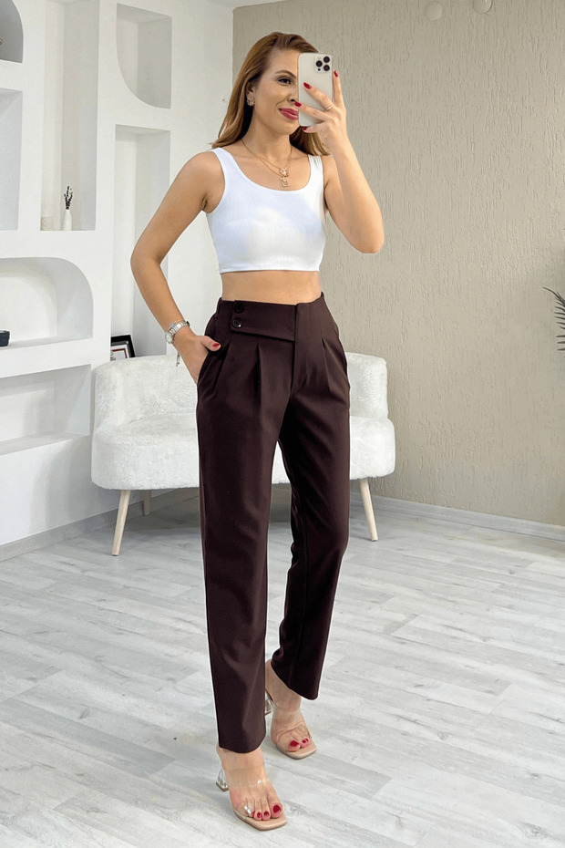 Women's Cleo High Waist Elastic Back Side Double Button Fabric Trousers