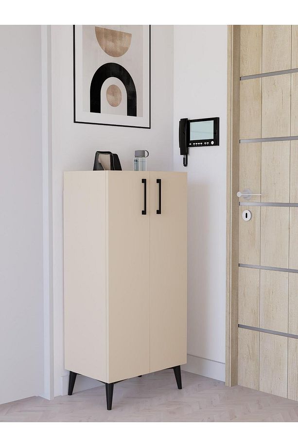 4 Raflı Kapaklı Ahşap Ayakkabılık | Modern Dresuar | Kiler Dolabı, Çok Amaçlı Dolap, Vizon, %100 MDF - 1