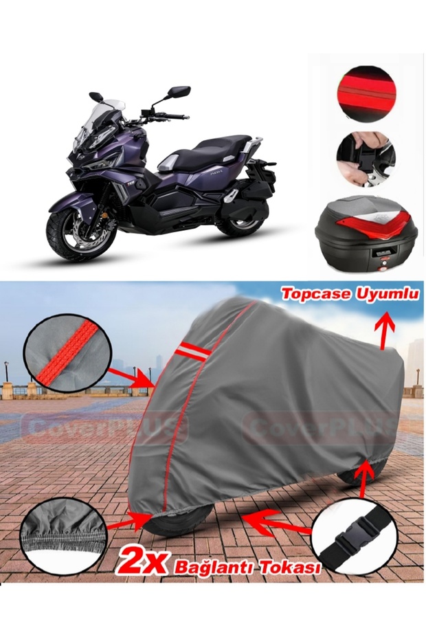 Sym Adx 125 Rear Bag Compatible Motor Tarpaulin Motorcycle Tarpaulin Red Stitched Gray