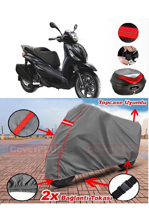 Piaggio Beverly S 400 Rear Bag Compatible Motor Tarpaulin Motorcycle Tarpaulin Red Stitched Gray