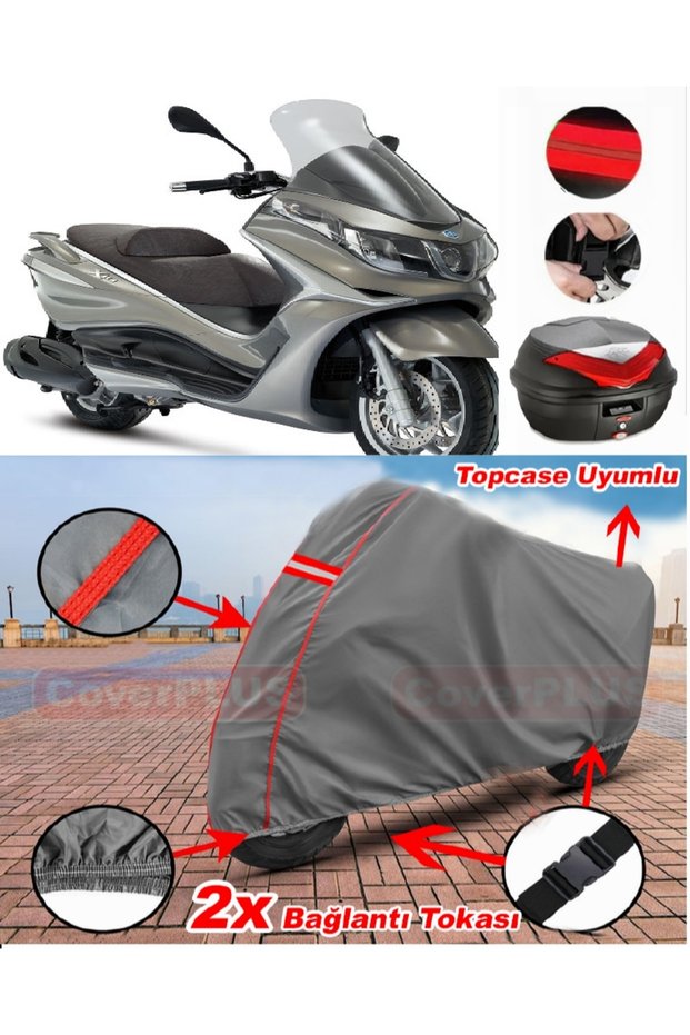 Piaggio X10 350 Rear Bag Compatible Motor Tarpaulin Motorcycle Tarpaulin Red Stitched Gray