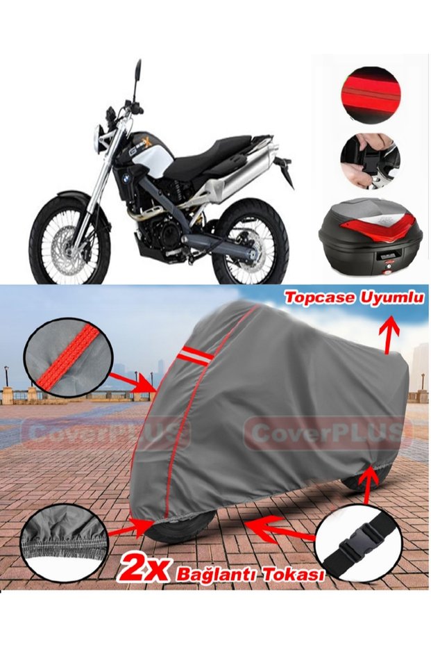 Bmw g 650 X Country Rear Bag Compatible Motor Tarpaulin Motorcycle Tarpaulin Red Stitched Gray