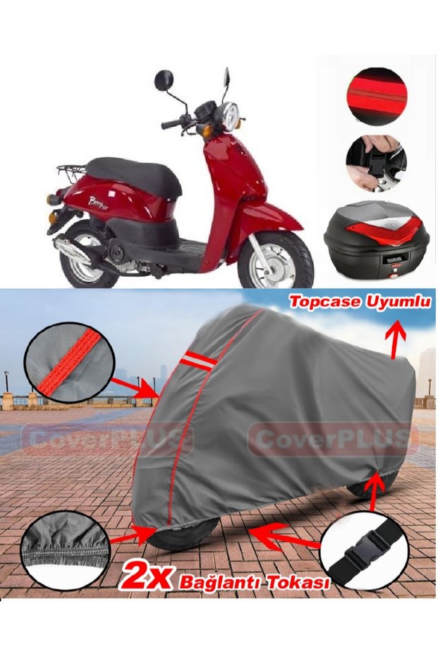 Kanuni Pony 50 Rear Bag Compatible Motor Tarpaulin Motorcycle Tarpaulin Red Stitched Gray