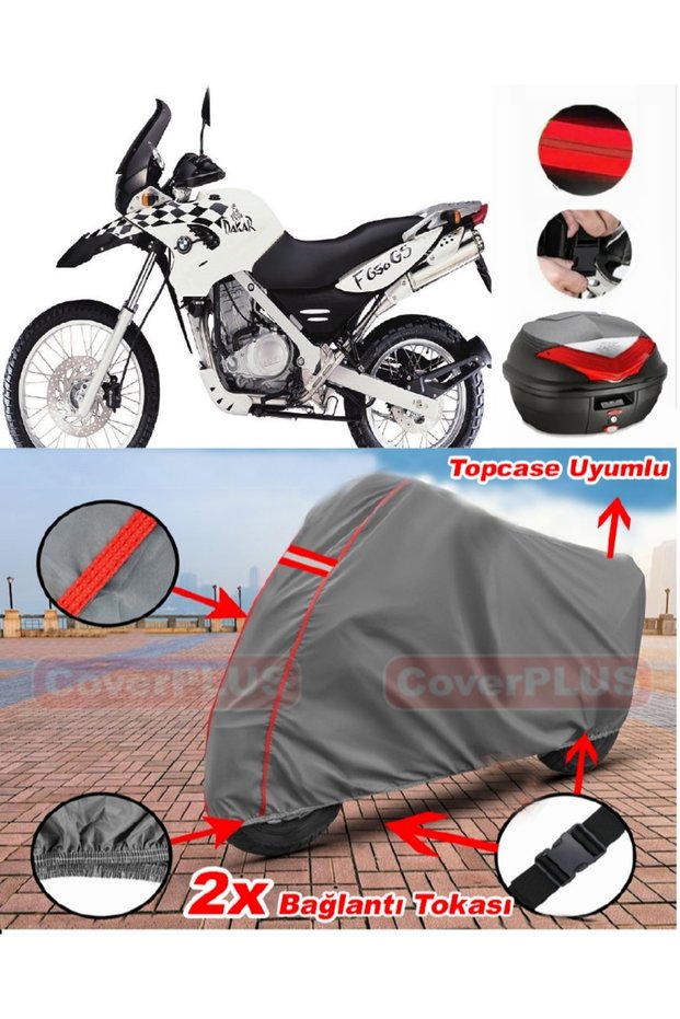 Bmw F 650 Gs Dakar Rear Bag Compatible Motor Tarpaulin Motorcycle Tarpaulin Red Stitched Gray
