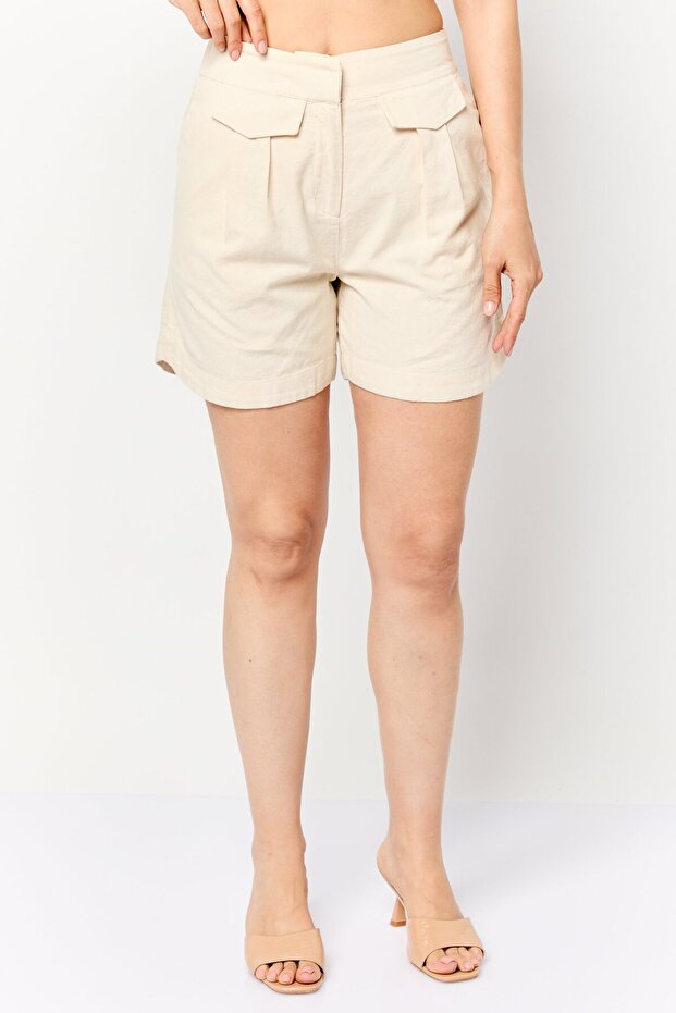 Women Solid Basic Shorts, Beige - 1