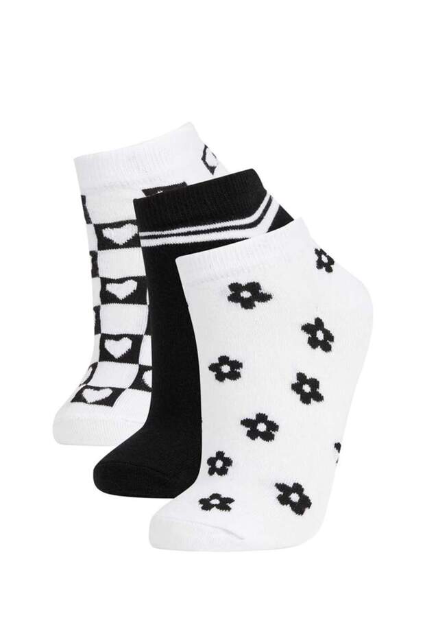 Women's 3-Piece Cotton Striped Heart and Flower Patterned Booties Socks W8968Azns
