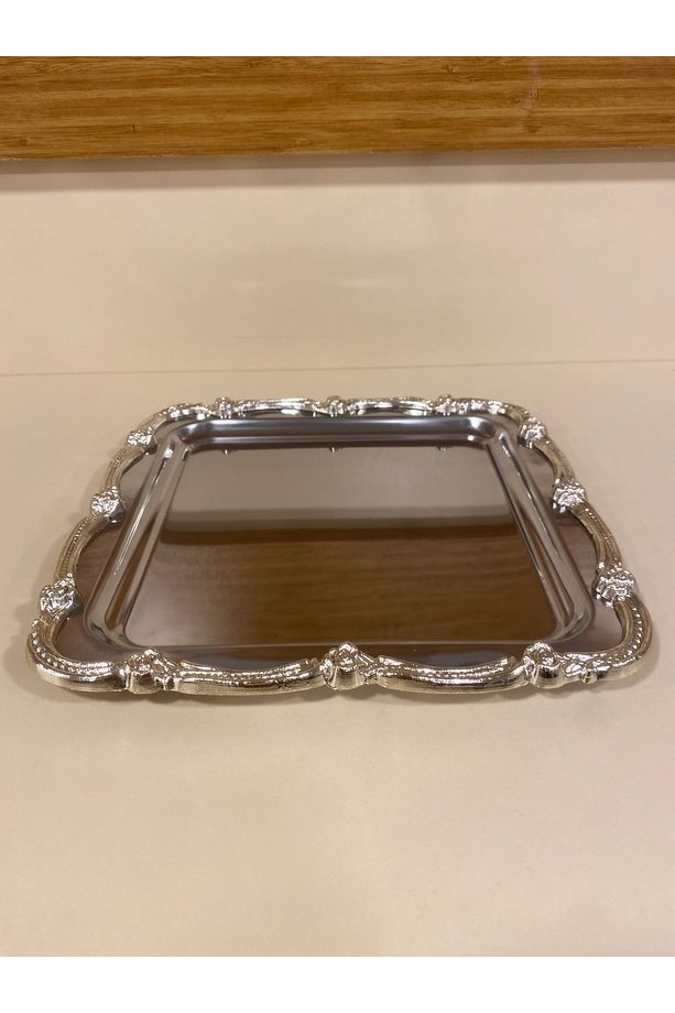 TEPSİ TEK KİŞİLİK KAHVE ÇAY SUNUM KARE GÜMÜŞ 24X24 CM - 6
