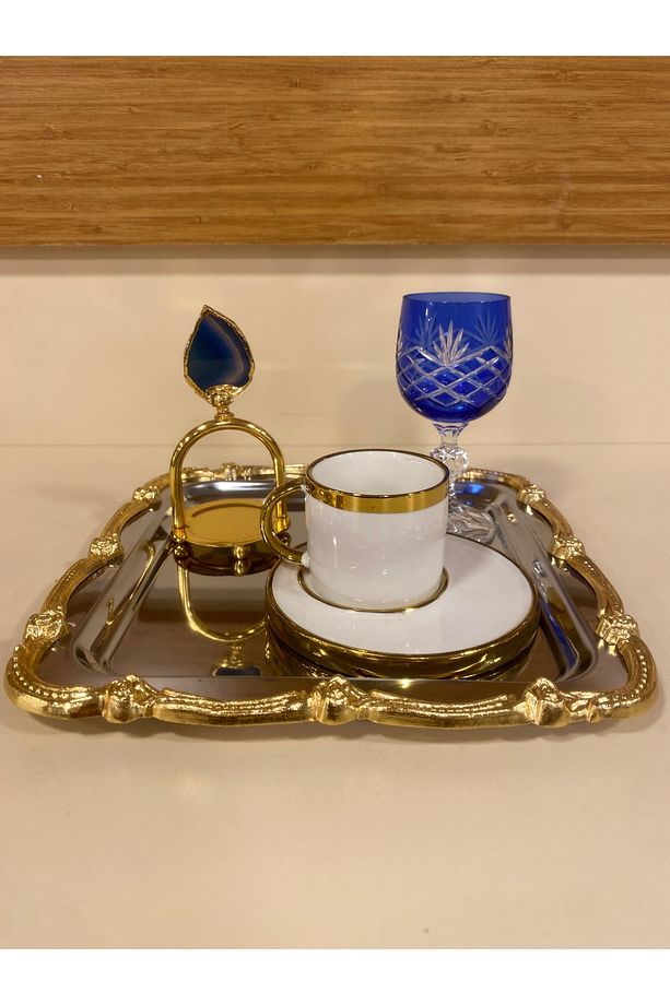 TEPSİ TEK KİŞİLİK KAHVE ÇAY SUNUM KARE GÜMÜŞ ALTIN 24X24 CM - 8