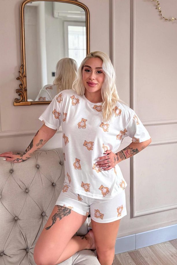 Doux Bear Desenli Kısa Kollu Şortlu Örme Kadın Pijama Takımı - 4
