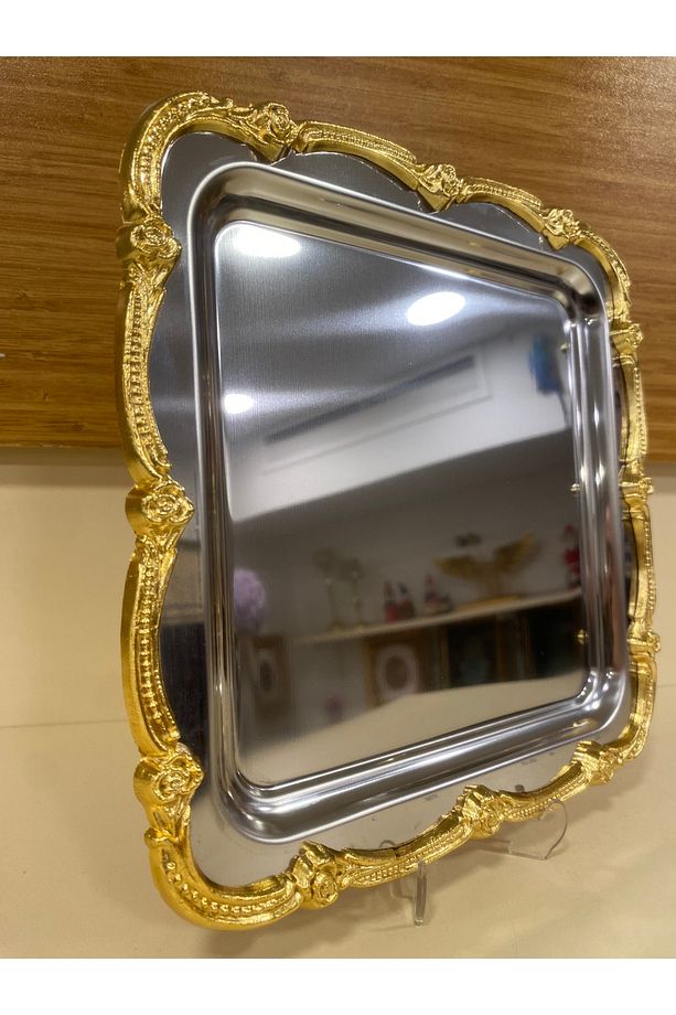 TEPSİ TEK KİŞİLİK KAHVE ÇAY SUNUM KARE GÜMÜŞ ALTIN 24X24 CM - 2