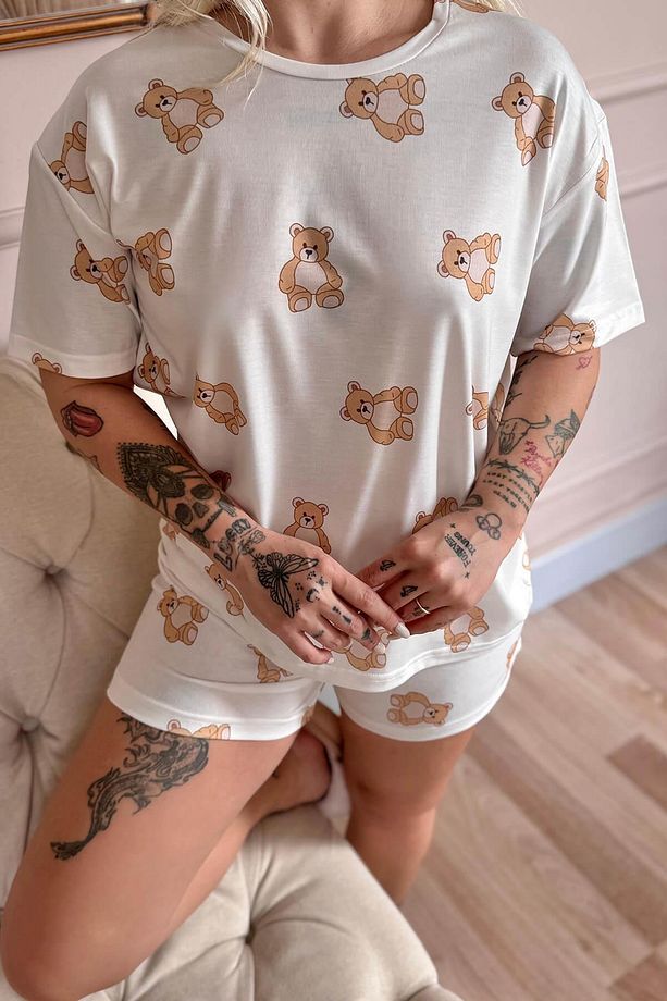 Doux Bear Desenli Kısa Kollu Şortlu Örme Kadın Pijama Takımı - 6