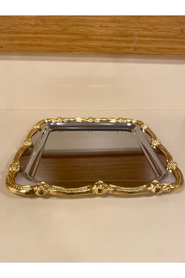 TEPSİ TEK KİŞİLİK KAHVE ÇAY SUNUM KARE GÜMÜŞ ALTIN 24X24 CM - 7