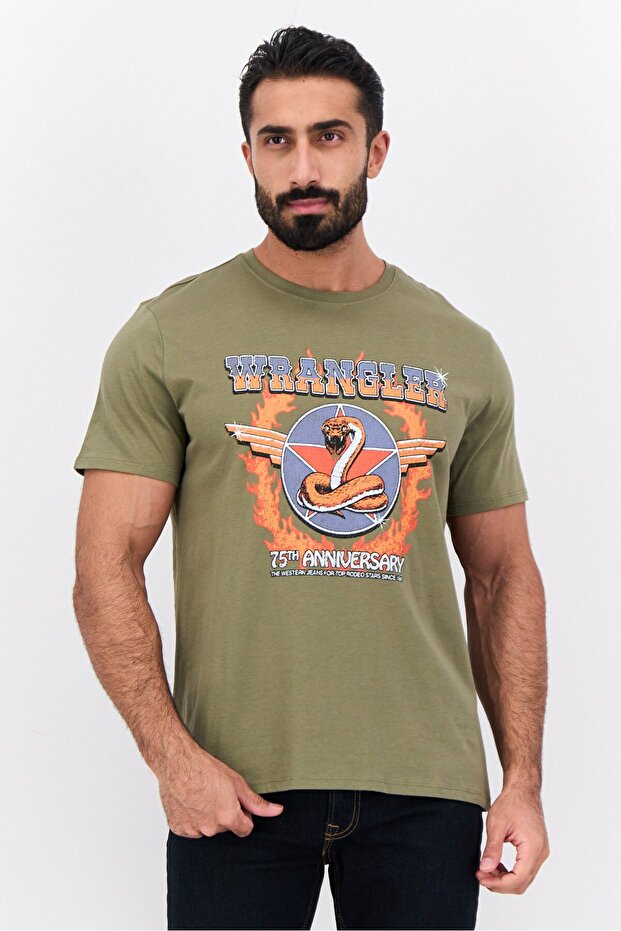 Men Crew Neck Short Sleeves Graphic Print T-shirt, Olive
