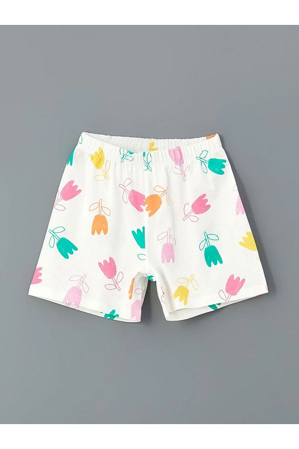 LCW Kids Ekru Bisiklet Yaka Çiçekli Kız Çocuk Şortlu Pijama Takımı - 4
