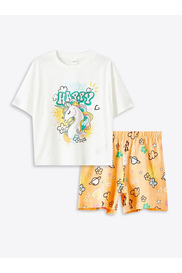 LCW Kids Ekru Bisiklet Yaka Kız Çocuk Şortlu Pijama Takımı - 1