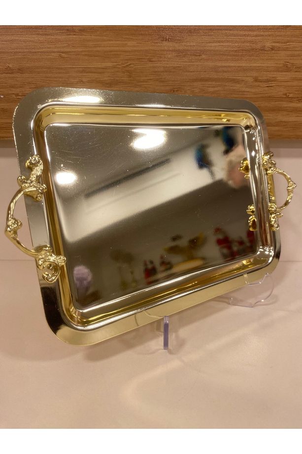 TEPSİ TEK KİŞİLİK KAHVE SUNUM ALTIN PİRİNÇ 22X16 CM - 6