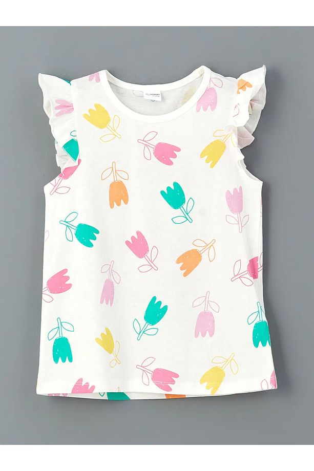 LCW Kids Ekru Bisiklet Yaka Çiçekli Kız Çocuk Şortlu Pijama Takımı - 2