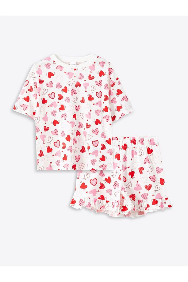 LCW Kids Ekru Bisiklet Yaka Kız Çocuk Şortlu Pijama Takımı - 1