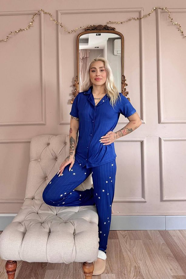 Gece Mavisi Nuit Stellaire Desenli Önden Düğmeli Marlenka Pijama Takımı - 7