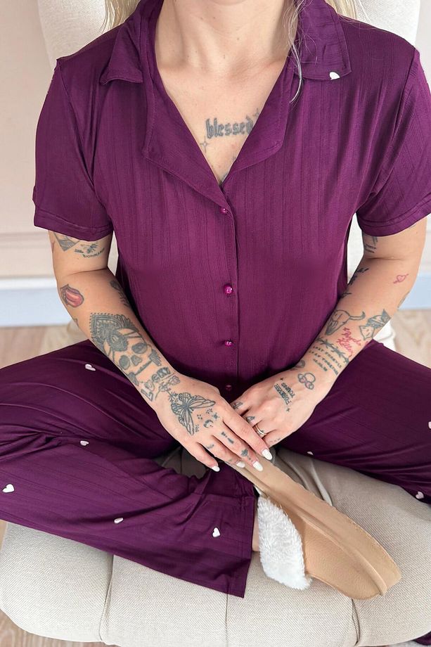Mürdüm Amour Desenli Önden Düğmeli Marlenka Pijama Takımı - 5