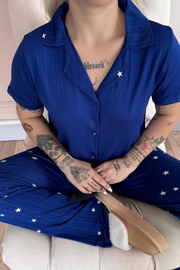 Gece Mavisi Nuit Stellaire Desenli Önden Düğmeli Marlenka Pijama Takımı - 6