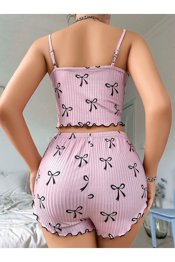 Kadın Fiyonk Baskılı Jakarlı Volanlı Askılı Atlet ve Şort Pijama Takımı - 3