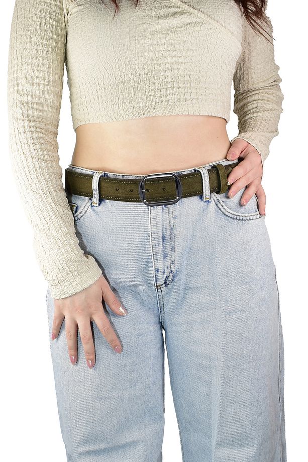 %100 Hakiki Deri, Nikel Tokalı 4 Cm Süet Askeri Yeşil Kadın Kemeri; Kot, Spor Kemer=süet.23.ASK.Yeşl - 2