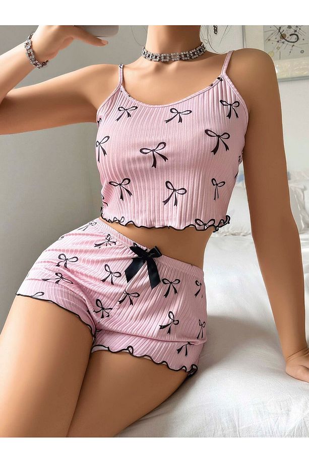 Kadın Fiyonk Baskılı Jakarlı Volanlı Askılı Atlet ve Şort Pijama Takımı - 1