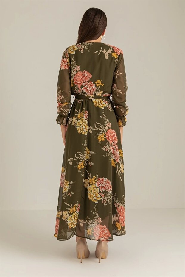 Uzun Sarı çiçekli Şifon Elbise - Haki - 4