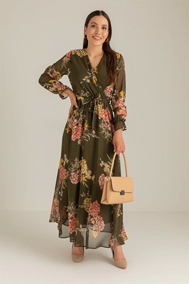 Uzun Sarı çiçekli Şifon Elbise - Haki - 1