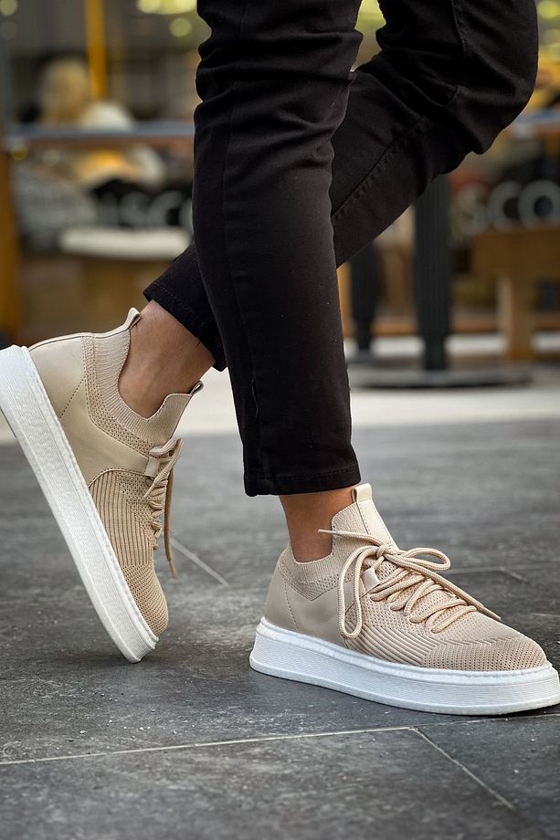 Bej Hafif Ortopedik Taban Günlük Triko Erkek Sneaker Yüksek Tabanlı Spor Ayakkabı - 1
