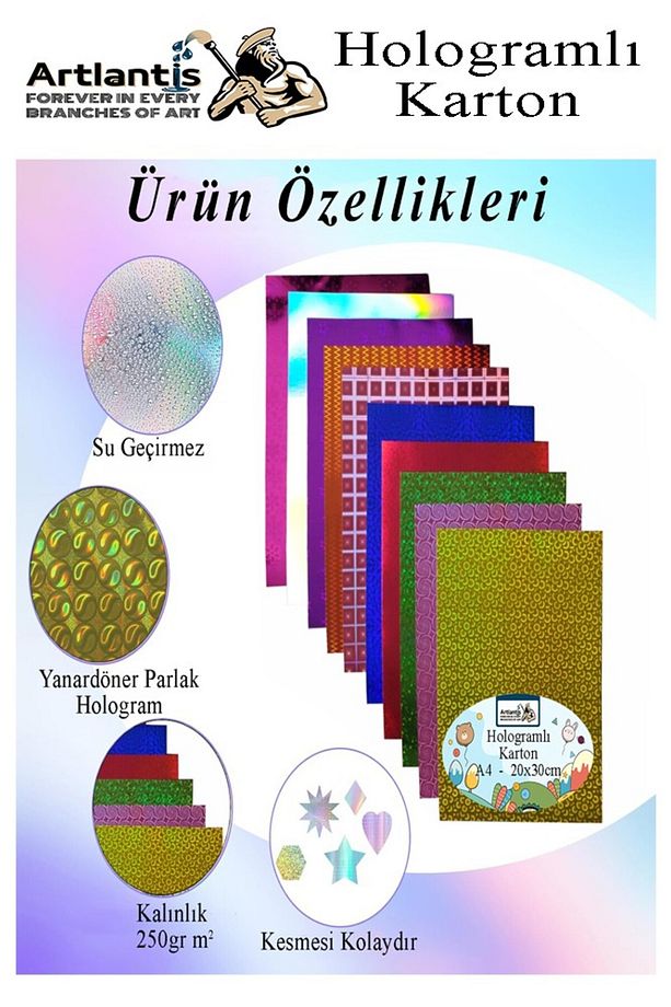 Hologramlı Karton 35X50 cm 10 Renk 1 Paket Hulogramlı Fon Kartonu Kağıt Yanar Döner Parlak Hologram - 3