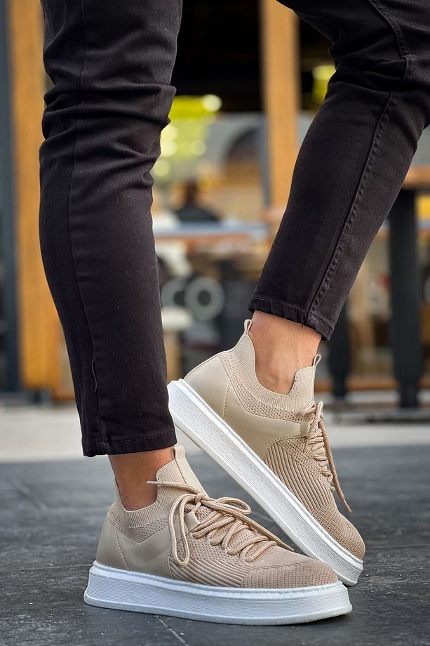 Bej Hafif Ortopedik Taban Günlük Triko Erkek Sneaker Yüksek Tabanlı Spor Ayakkabı - 2