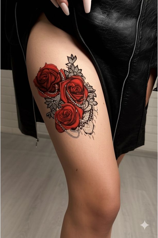 Gerçek Dövme Görünümlü Gül Modelli 3 Boyutlu Bacak Tattoo - 5