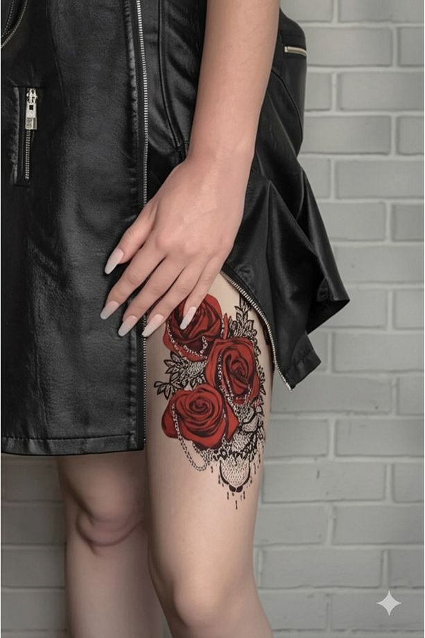 Gerçek Dövme Görünümlü Gül Modelli 3 Boyutlu Bacak Tattoo - 3