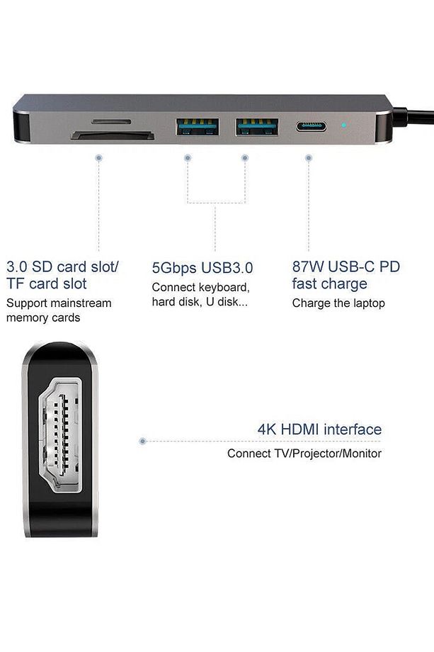 3134 6 Port Hub Usb 2.0/3.0 Çoğaltıcı Çoklayıcı Type C Hdmı Audio 3.5 Tf Sd - 2