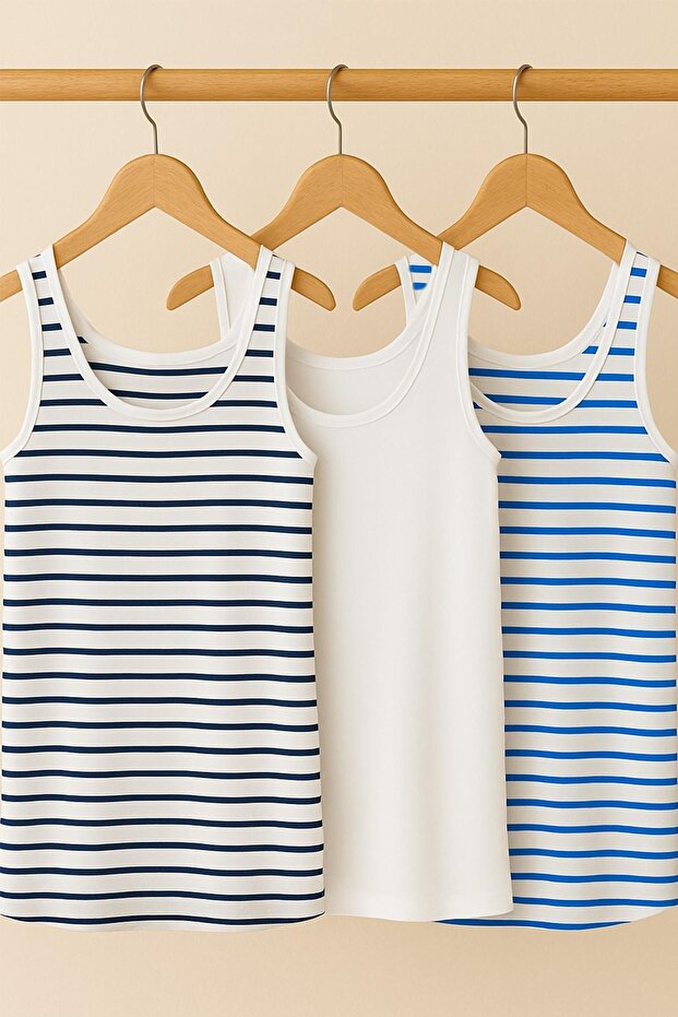 3 قطع تي شيرت بدون أكمام بقصة مريحة وحزام سميك أساسي - 1