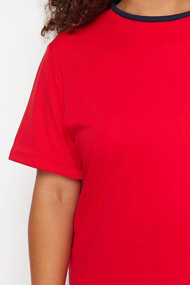 Boyfriend vágott piros, blokkolt pamut póló - TBBSS24BF00012 - 3