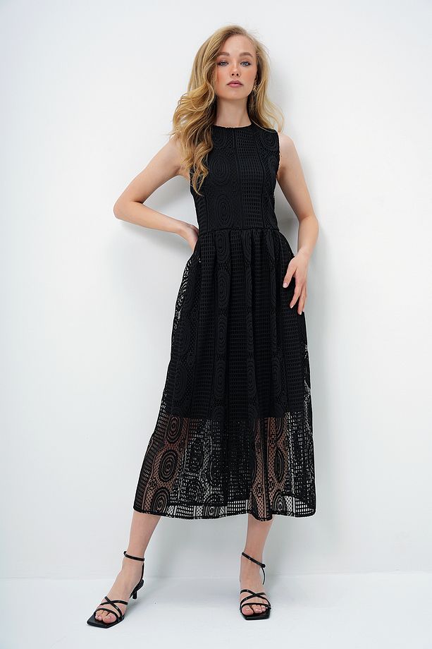 Kadın Siyah Kalın Askılı Motif İşlemeli Astarlı Maxi Boy Elbise ALC-X13461 - 4
